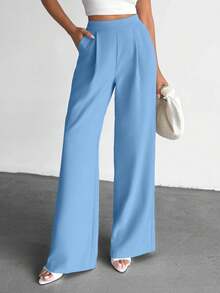 EURMUSE Fashionable Versatile Solid Color High Waist Wide Leg Pants - Baby Blue - View 5