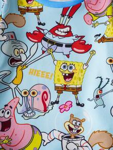 SpongeBob SquarePants | SHEIN 男婴卡通图案圆领长袖上衣和打底裤睡衣套装，秋季 - 藍色 - 查看 3