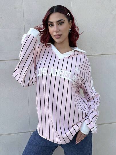 Bearsaez Women Striped Letter & Number Print Sports Style T-Shirt, New Design