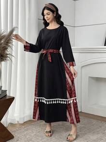 SHEIN Teen Girl Striped Patchwork Round Neck Long Sleeve Tassel Design Dress - Grey - View 4