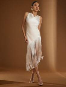 Hauture Women's Sexy Solid Color Cowl Drape Neck Fringe Asymmetrical Top - Apricot - View 3