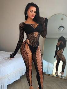 Women's Sexy Hollow Out Mesh Off-Shoulder Fingerless Gloves Tight Bodystocking - Black - View 5