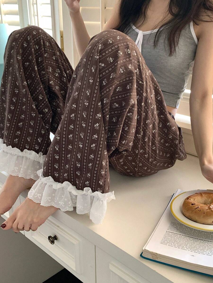 DAZY Striped & Floral All-Over Print Contrast Ruffle Trim Loose Women Pajama Bottoms - Coffee Brown - View 1