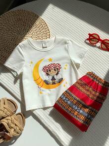 SHEIN Set de 2 piezas de camiseta de manga corta blanca con estampado lindo de niño y pantalones de linterna a rayas retro para bebé niño, patrón floral tradicional casual y versátil, adecuado para primavera/verano, festivales y celebraciones - Burdeos - Ver 5