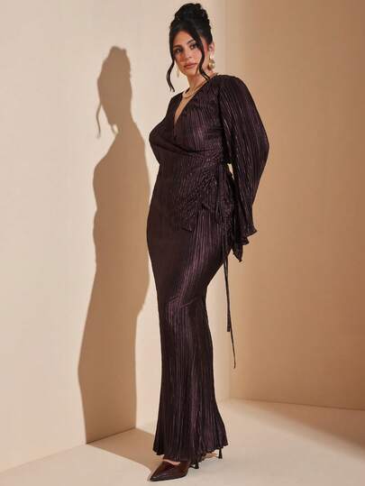 SHEIN BAE Elegant Plus Size Coffee Brown Maxi Skirt And Wrap Top Set With Long Flare Sleeves