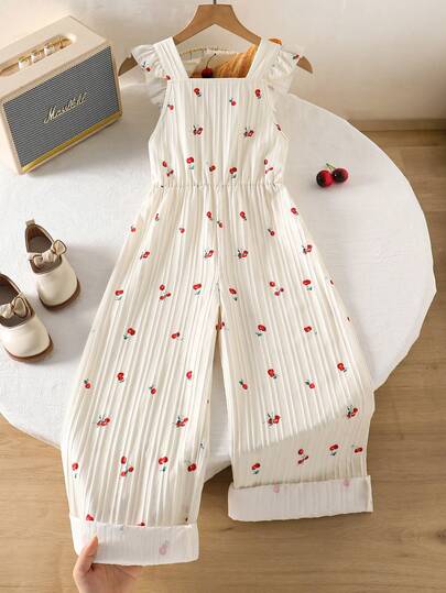 Genkimix Kids 1pc Tween Girls' Vintage Casual Cherry Print All-Over Jumpsuit, Vacation Outdoor And School Wear Jumpsuit Pants