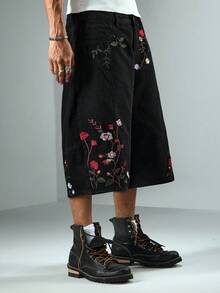 ROMWE MEN Street Life Men's Embroidered Floral 3/4 Denim Shorts - Black - View 4