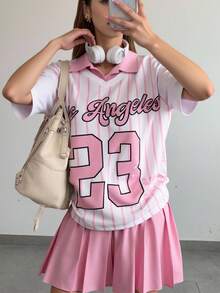 SHEIN ChillGRL Casuvi Kids Casual Fashionable Daily Versatile Graphic Print 2 In 1 T-Shirt & Cute Pink Pleated Skirt 2-Piece Set, Spring/Summer Kids Girls Outfits For Summer Baseball