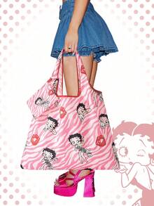 Betty Boop | ROMWE Large Capacity Foldable Tote Bag With Coin Pouch, Portable Shopping Bag, Gym Bag - Pink - View 8