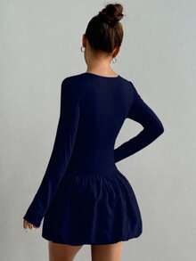 SHEIN PETITE Casual Crew Neck Fitted Top & Bubble Skirt Dress, Long Sleeve, Spring/Autumn - Navy Blue - View 2