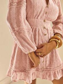 Aralina Lace Insert Long Sleeve Button Up Ruffle Hem Elegant Mini Shift Shirt Dress - Dusty Pink - View 8