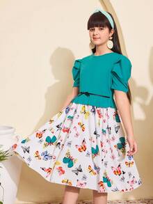 SHEIN 1pc Tween Girl's Teal Elegant Summer Party Dress,Fashionable Preppy Style Round Neck Short Sleeve Butterfly Print Patchwork Hem,Casual Outings - Green - View 4