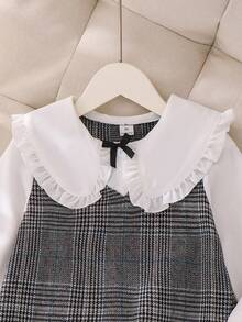 Elladie kids 年轻女孩甜美可爱校园风蝴蝶结长袖口袋格子休闲简约黑色连衣裙 - 黑色 - 查看 4