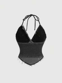 ROMWE Plus Size Gothic Cross Design Milenium Denim Halter Neck Backless Tank Top - Black - View 4