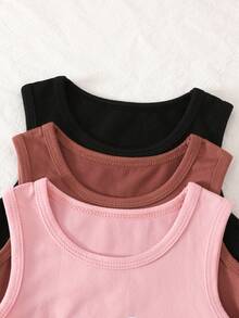 SHEIN 女童春季休闲户外运动罗纹面料爱心印花无袖背心搭配松紧腰宽松舒适长裤两件套 - 彩色 - 查看 4