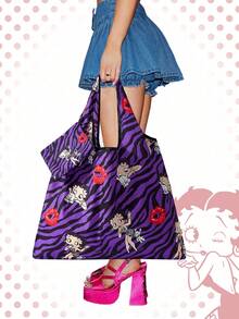 Betty Boop | ROMWE Bolso de tote plegable de gran capacidad con monedero, bolsa de compras portátil, bolsa de gimnasio - Morado - Ver 8