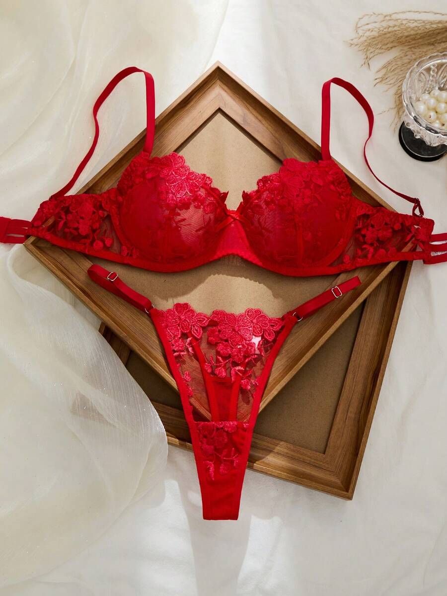 2pcs Mesh Embroidery Women's Lingerie Set