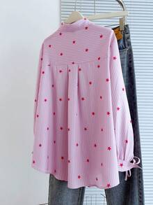 GlowEve CURVE Camicia a maniche lunghe con stampa a stelle e linee, taglia comoda, Camicia rosa per San Valentino da donna, Camicia a righe da donna, Camicia con stampa a stelle da donna, Camicia a righe rosa da donna, Camicia con bottoni e maniche lunghe casual da donna - Rosa - Visualizzare 2