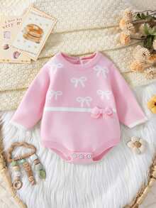Baby Girl Casual, Fashionable And Cute Pink With Bow Pattern, Three-Dimensional Bow Decoration, Knitted Sweater Bodysuit, Soft And Comfortable, Suitable For Daily Scenes, Scenes, Travel Scenes Cozy Pixies Baby Girl Set Baby Girl Pink Romper Baby Girl Long Sleeve Romper Pink Bow Baby Outfit Newborn Baby Girl Clothes Winter Baby Girl Suit In Pink New Born Baby Girl Clothes Winter - Pink - View 15
