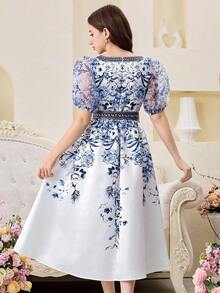 SHEIN Teen Girl White & Blue Floral Retro Print Robe,Middle Eastern/Arabic Style Elegant Summer Party Long Dress,Suitable For Vacation,Short Sleeve Dresses - Blue and White - View 2