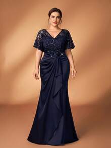 Serin Plus Size Elegant Navy Blue Winter Dress,Formal Party Wedding Mother Of The Bride Sequin Floral Lace Applique Elastic Satin Ruffle Sleeve Gown - Blue - View 5