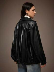 Sparklyn 少女纯色宽松外套，PU材质，光泽亮丽，百搭纯色设计，适合日常穿着、通勤，尽显青春活力，秋冬季必备。 - 黑色 - 查看 2