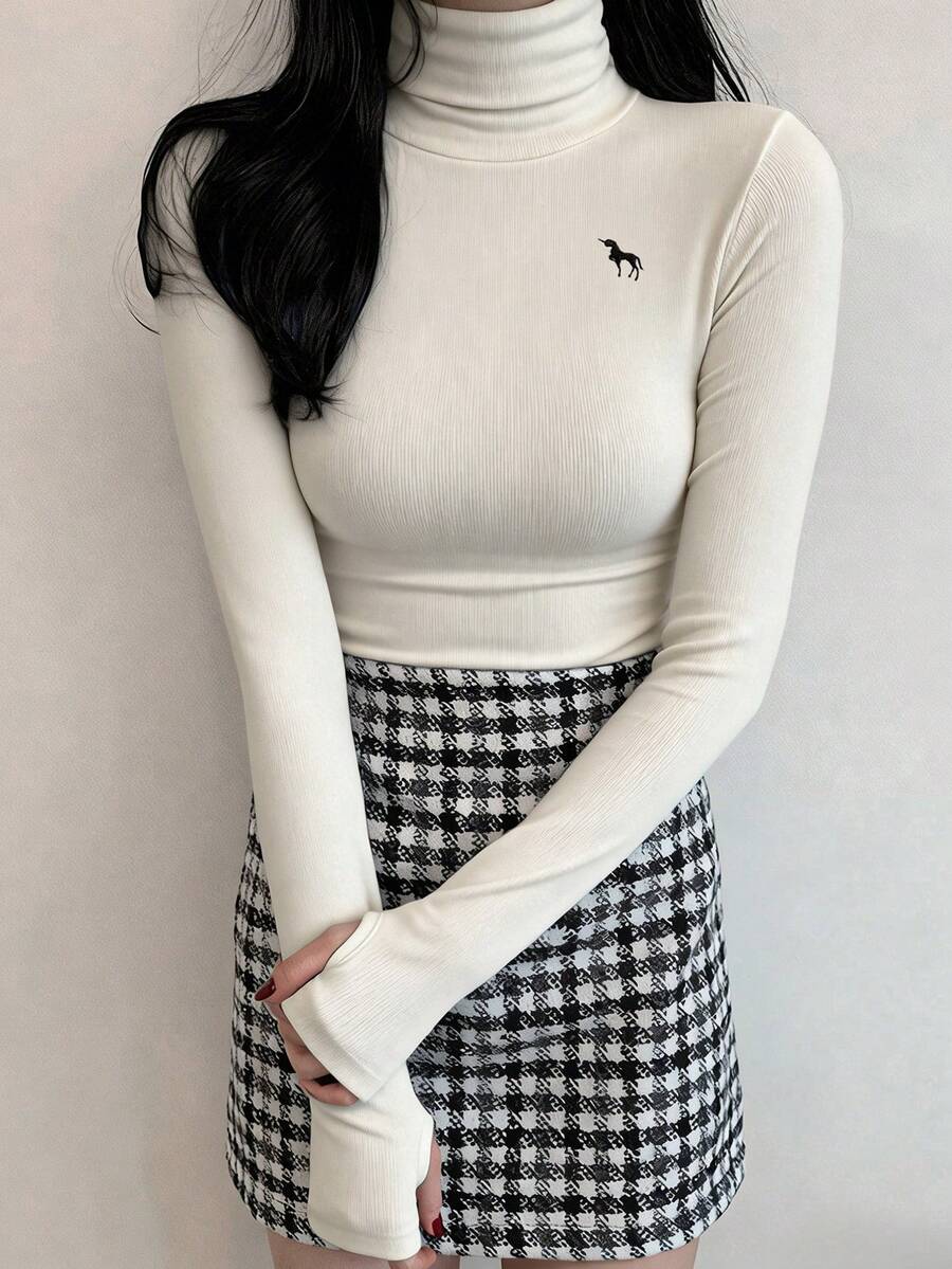 DAZY 女士动物图案高领休闲百搭通勤修身长袖T恤 - 白色 - 查看 1