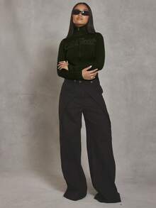 MUSERA 撞色罗纹标语高领拉链开衫，酷女孩、街头风、日常、冬季、学院风、1997年晚宴派对优雅春季款 - 綠色 - 查看 5