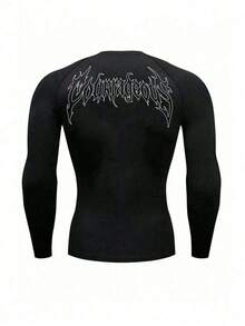 Manfinity Sport Corelite 男士杠铃印花插肩长袖休闲健身运动T恤压缩衣 - 黑色 - 查看 2