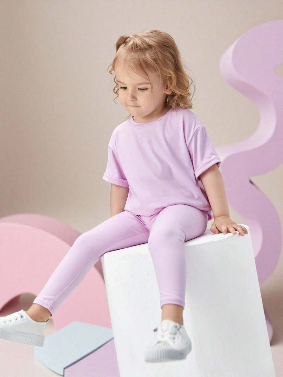 SHEIN Young Girl Casual Solid Color Drop Shoulder Round Neck T-Shirt And Leggings Set - Lilac Purple - View 1