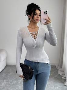 Selianne Damen Pullover mit Bindekragen, asymmetrischem Saum und figurbetonter, stilvoller Passform in Unifarbe - Grau - Übersicht 1