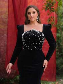 Glamrae Váy dạ hội đuôi cá dáng ôm dáng ôm sát, tay dài nhung đen sang trọng, đính hạt thủ công, eo cao, cỡ lớn, phù hợp cho mọi dịp trang trọng - màu đen - Xem 5