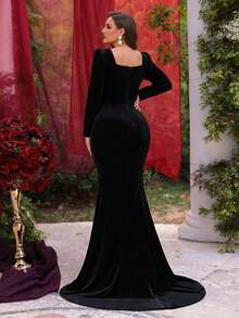 Glamrae Váy dạ hội đuôi cá dáng ôm dáng ôm sát, tay dài nhung đen sang trọng, đính hạt thủ công, eo cao, cỡ lớn, phù hợp cho mọi dịp trang trọng - màu đen - Xem 6