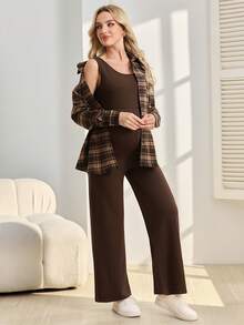 SHEIN 2pcs Maternity Set: Long Sleeve Button-Up Shirt And Jumpsuit Overalls, Casual