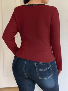 Vibekara 大码休闲纯色蕾丝边短款T恤，黑色长袖上衣 - 酒紅色 - 查看 2