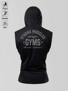 Acti Log Áo thun thể thao nam có mũ in chữ, áo hoodie tập gym, áo tập thể dục, bộ đồ tập gym, áo tập thể dục nam, áo hoodie thể dục, áo nén thể thao nam. - màu đen - Xem 2