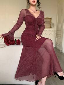 DAZY Spring/Summer Elegant Slim Fit Commuter Midi Dress With Sheer Mesh Ruffle Trim & Bell Sleeves, Suitable For Wedding, Valentine's Day - Burgundy - View 3