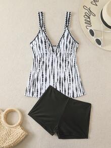 Swim Lushoire Women's Black & White Printed Tankini Swimwear Set,Summer Jamican Beach Party Vacation Holiday Tummy Control Singlet Bathing Suits 3 Pieces Outfit - Black and White - View 8