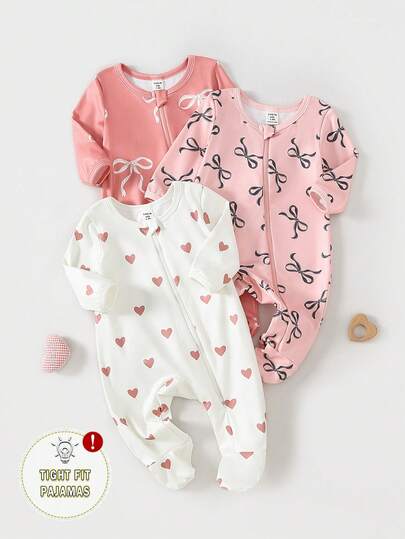 3件套新生儿柔软舒适连体衣，粉白爱心蝴蝶结印花睡衣家居服套装