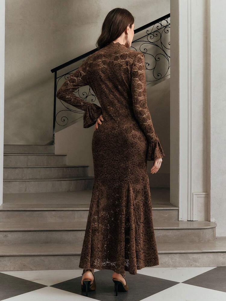 Women's Autumn/Winter Bodycon Dress With Mermaid Hem, Flare Sleeves, Burgundy Lace Ruffle Collar, Elegant Party Dress For Fall, Winter, Spring, New Year, Party, Wedding