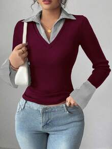 SHEIN Raffinéa 条纹印花撞色女士简约V领Polo衫，弹力底修身，适合休闲、俱乐部、商务、音乐会、办公室等场合，尽显老钱风范。采用高弹超柔软舒适亲肤罗纹针织面料，打造修身包臀造型，日常穿着性感休闲，适合派对、街头、度假、旅行、约会等各种场合，春夏秋冬新款钟形长袖T恤。 - 酒紅色 - 查看 3