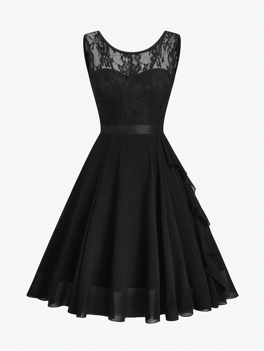 EMERY ROSE Plus Size Chiffon Elegant Lace Patchwork Dress - Black - View 1