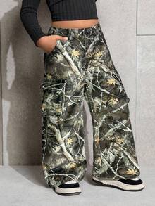 SHEIN Celana Jeans Longgar Motif Kamuflase dan Ranting untuk Anak Perempuan - MultiWarna - View 4