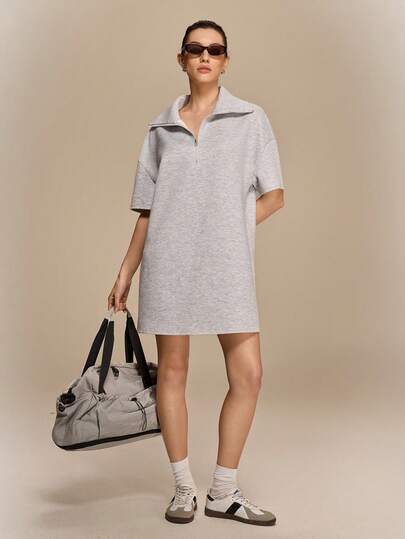 Hanevo 春夏新款休闲优雅时尚度假轻薄户外运动宽松通勤落肩半袖短款H字高领针织女式迷你连衣裙