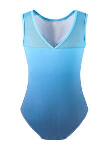 SHEIN 少女扎染渐变粉色连体衣，贴身高弹力舞蹈芭蕾舞紧身衣，镶钻闪亮无袖背心，优雅运动服 - 藍色 - 查看 2