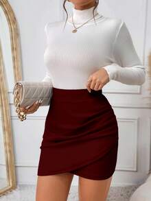 SHEIN Frenchy 女士时尚纯色紧身迷你裙 - 酒紅色 - 查看 4