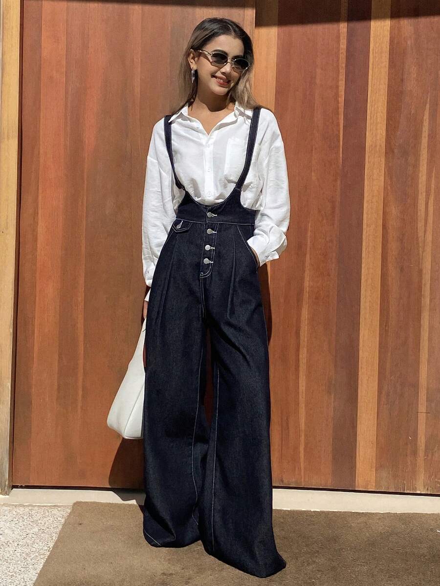 DAZY Women's Waist Cinching Elegant Loose Straight Leg Jeans Overalls And Jumpsuit - Dark Wash - View 1