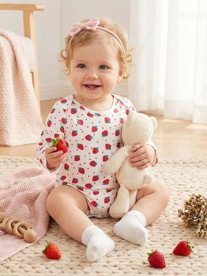 Souflis Souflis French Retro Red Cute Strawberry Print Long Sleeve Bodysuit, Suitable For Home, Casual Wear And Various Occasions, Baby Girls
