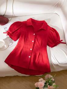 SHEIN Girls' Red Gingham Button-Up Blouse: Puff Sleeve Ruffled Hem Versatile Casual Top For School Days, Weekend Outings, Or Family Gatherings. Gingham Print & Comfy Fabric-Perfect For Daily Stylish Looks (Girls' Size