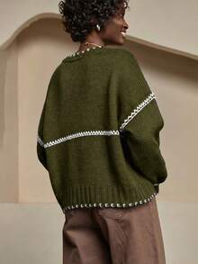 Bóhologie Women Contrast Trim Premium Quality Brushed Yarn Cozy And Warm Sweater - Army Green - View 2